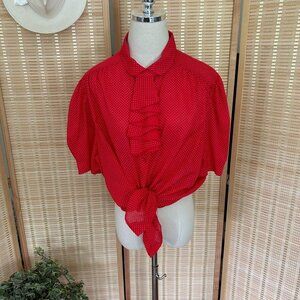 Vintage Red Polka Dot Button-Up Blouse With Ruffle Tie Neck & Puff Sleeves